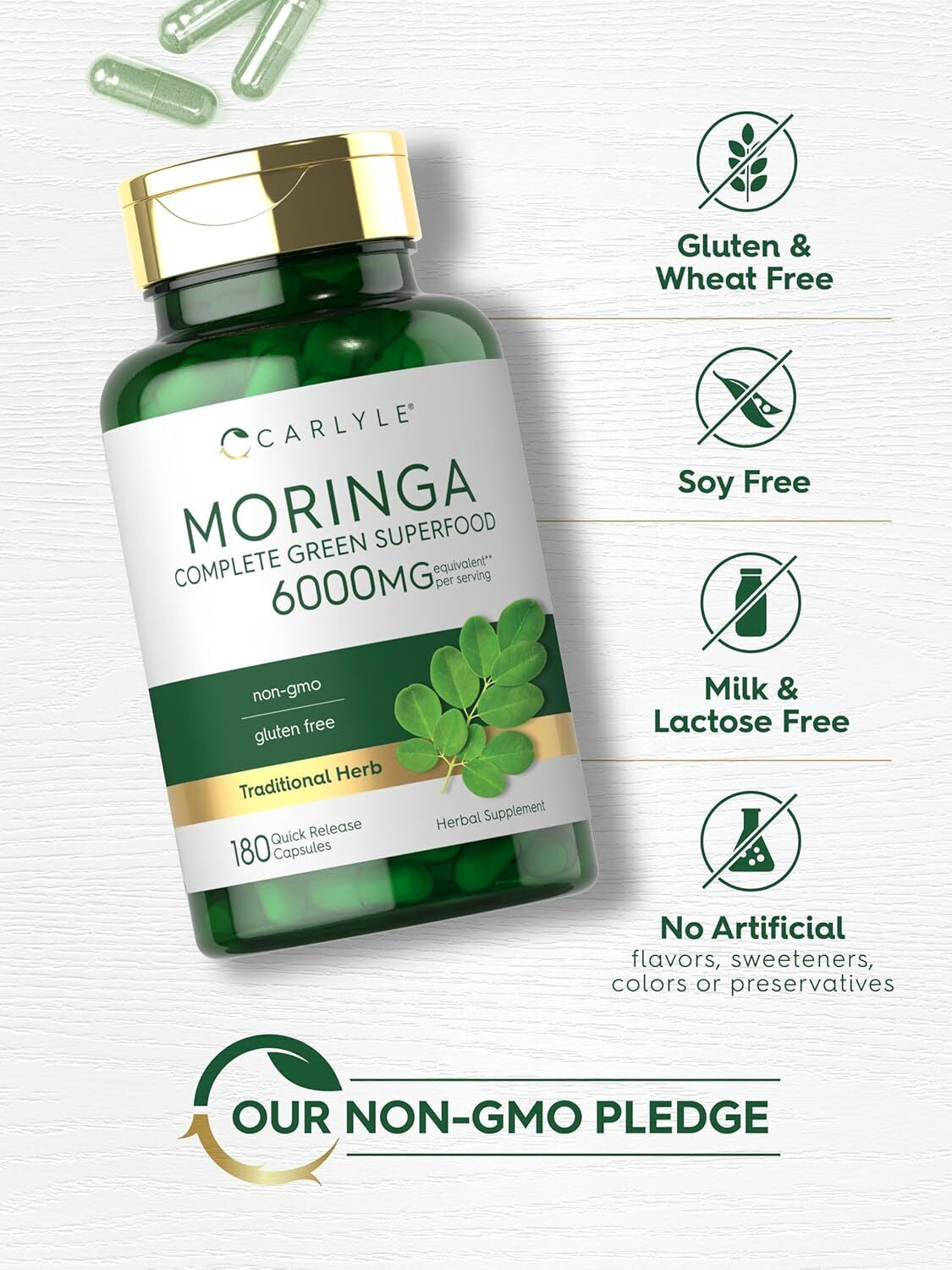 Moringa Oleifera Capsules 6000 Mg | 180 Count | Green Superfood | by Carlyle