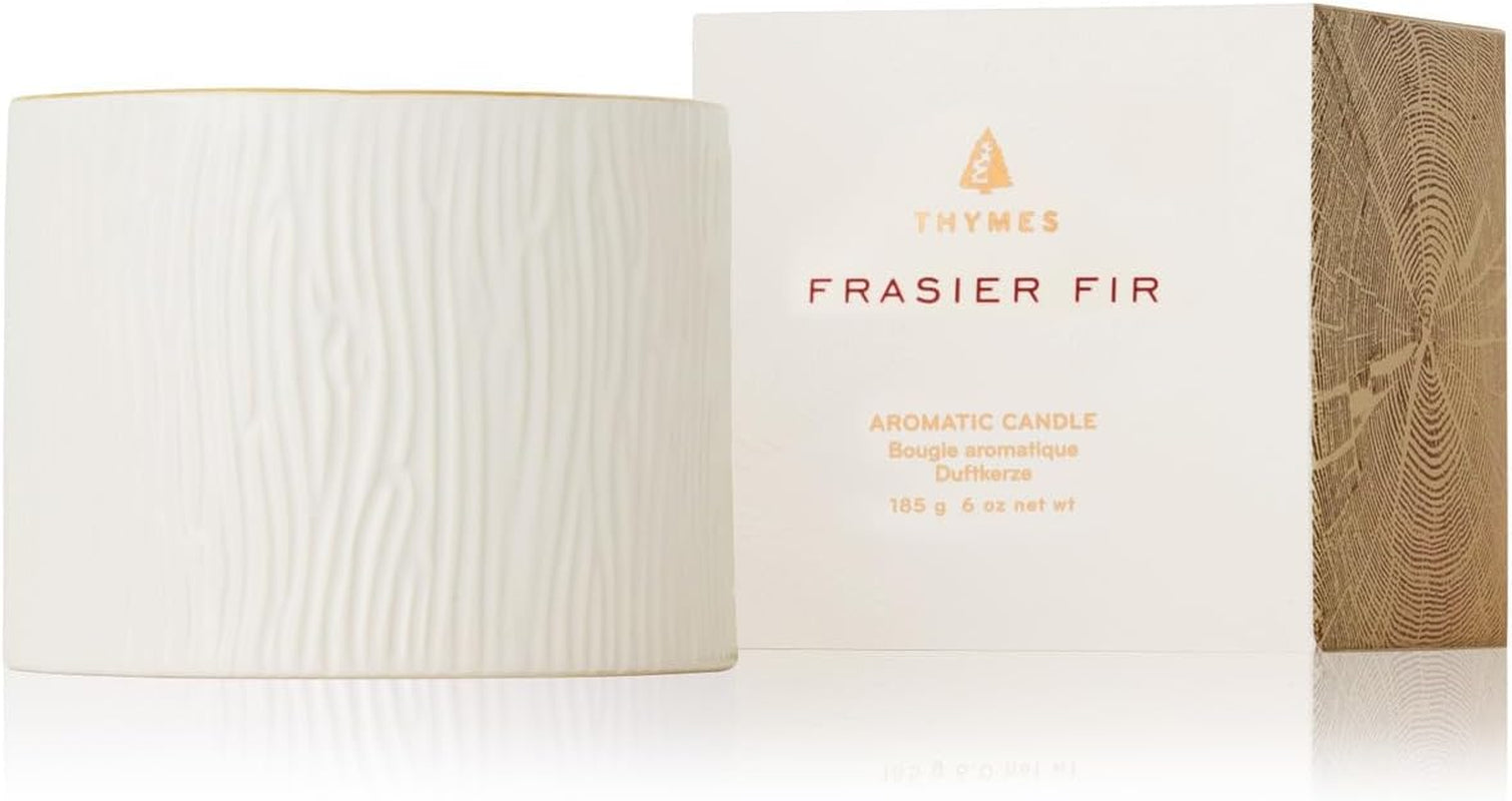 Frasier Fir Candle - Gilded Wood Grain Ceramic Jar Candles - Mountain Fresh Scented Candles - Elegant Holiday Candles - White Candles with 24-Karate Gold Rim - Single Wick (Petite, 6 Oz)