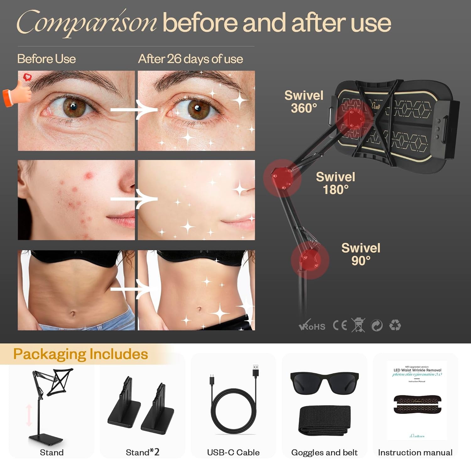 Multifunction Red Light Therapy for Body and Face, 850Nm Near-Infrared Light Therapy LED Mask Facial Body Beauty Equipment for Skin Care at Home, with Stand